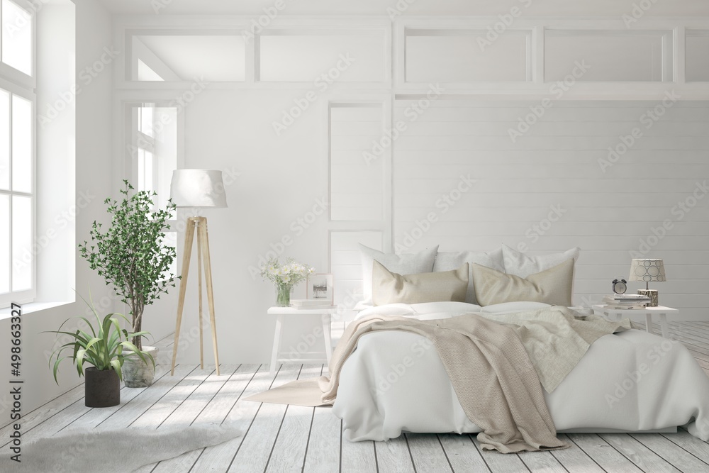 柔和的色彩卧室内部。斯堪的纳维亚设计。3D插图