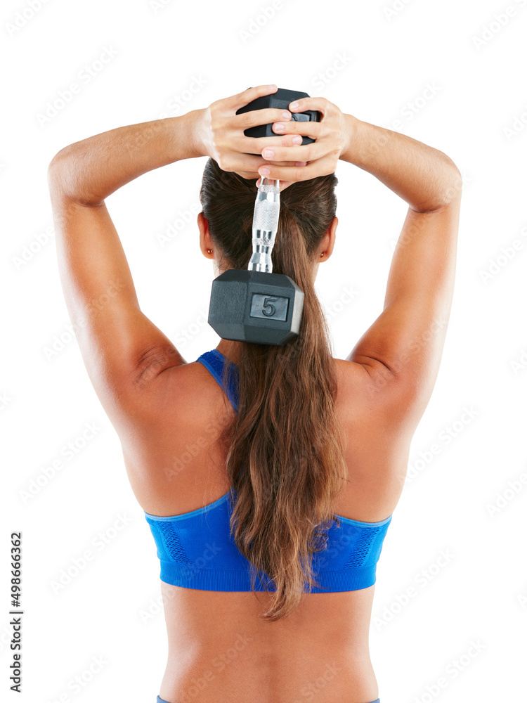 恢复健康。一名年轻女子用哑铃对着一名白人b锻炼的后视镜头