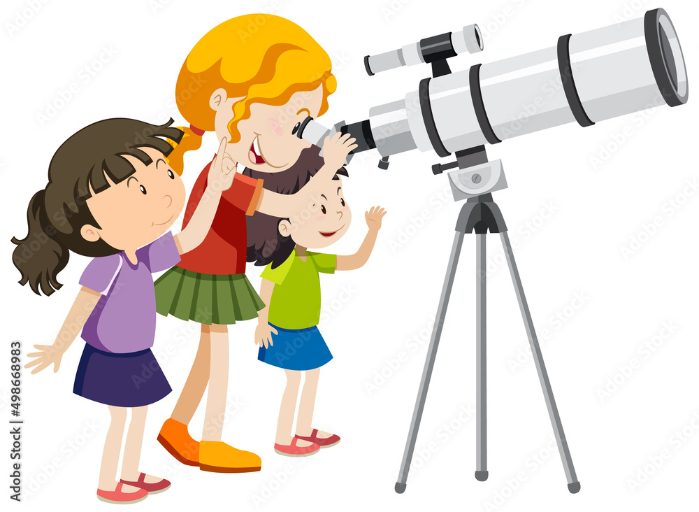 三个女孩透过望远镜看