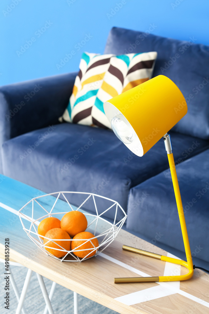 客厅内部沙发附近的冲浪板，带时尚的灯和橙子