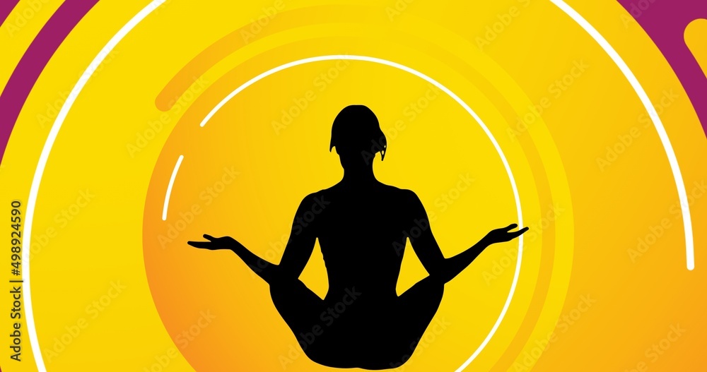 Composite of silhouette woman exercising against yellow background, copy space