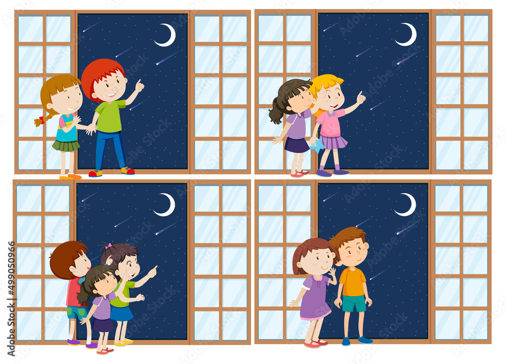 一群不同的孩子指着月亮