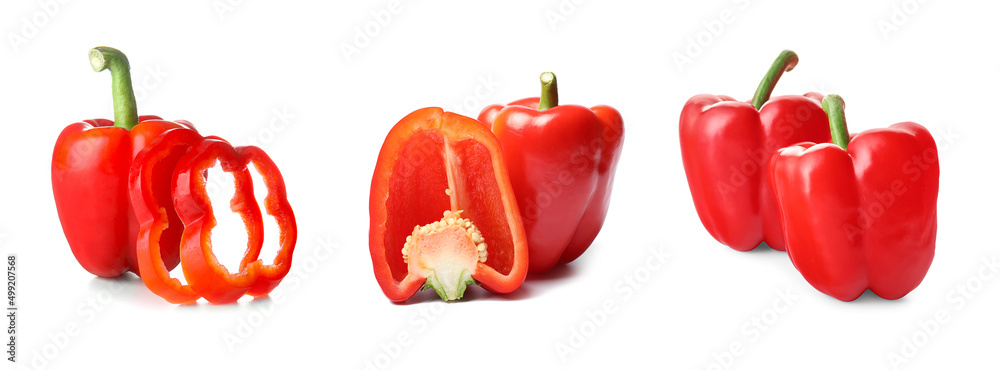 一套成熟的红甜椒，隔离在白色上