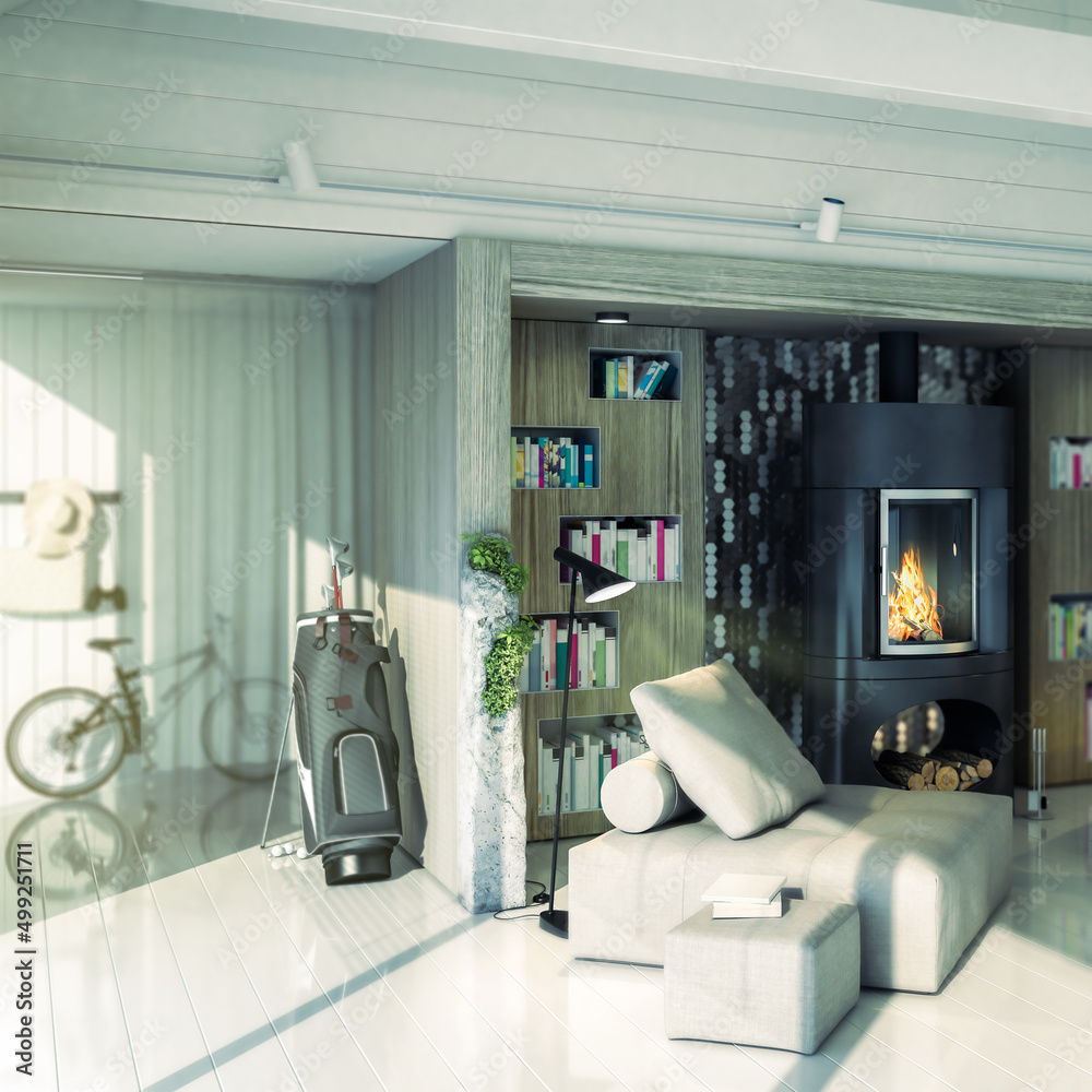 别墅内壁炉处的豪华坐椅组（详情）-3D可视化