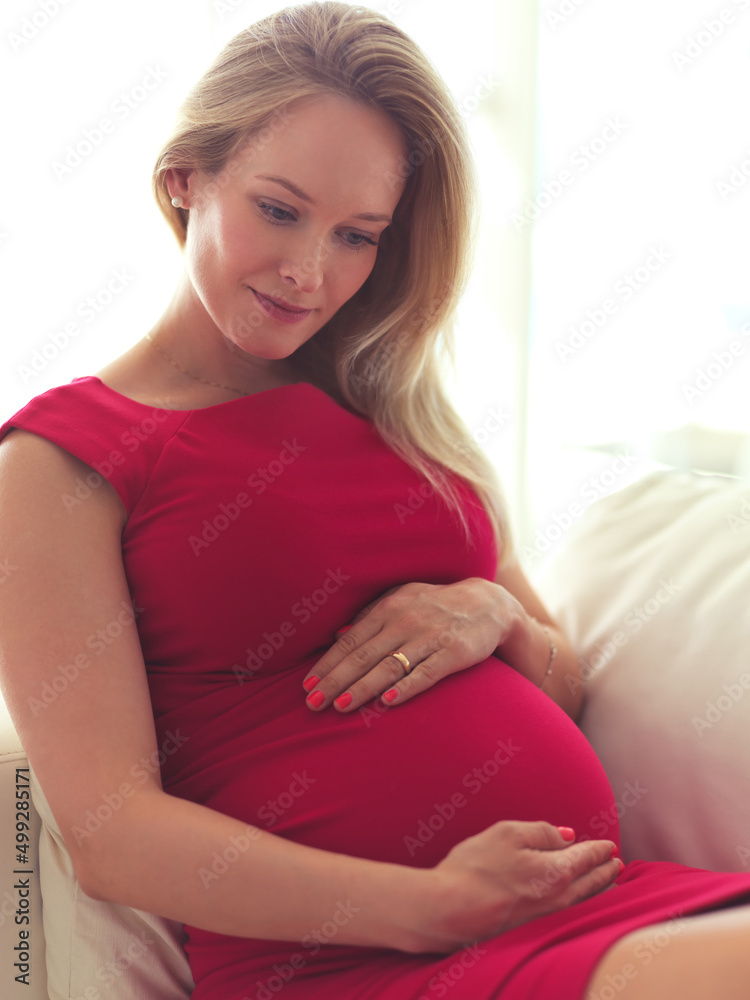 Thinking about the big day. High angle shot of a beautiful young pregnant woman sitting on the sofa 
