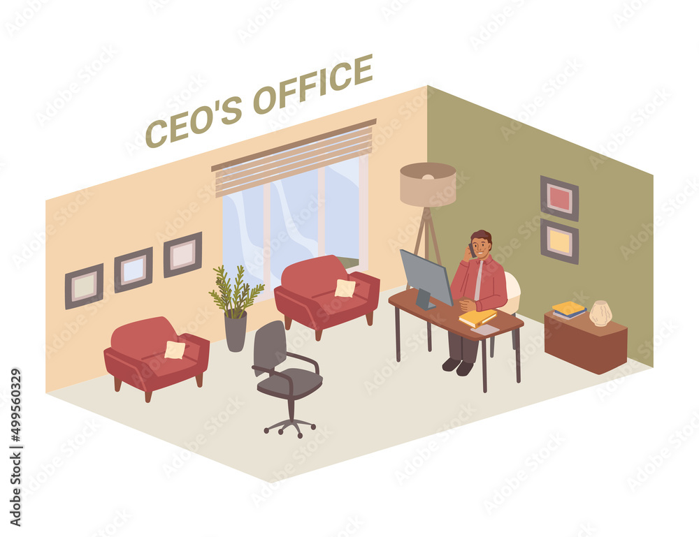区域和舒适分区的办公室内部平面图。Vector首席执行官房间，为客户提供家具，12月