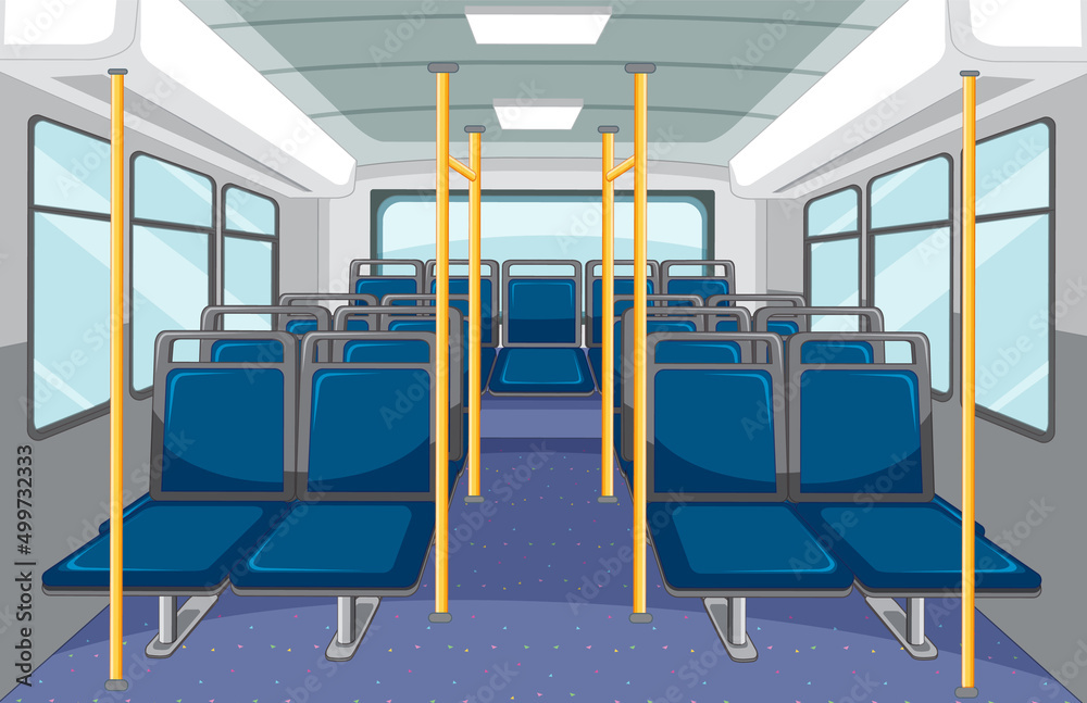 蓝色空座位的公交车内部