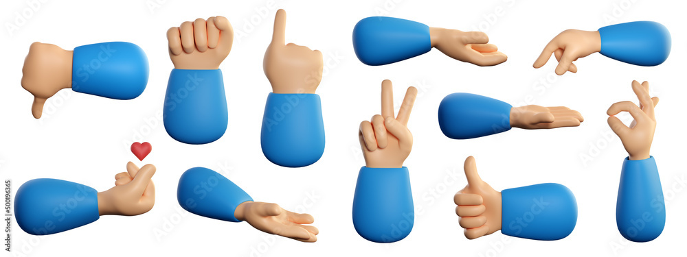 3d卡通风格的人手。不同的手指手势代表商业和产品概念。3d