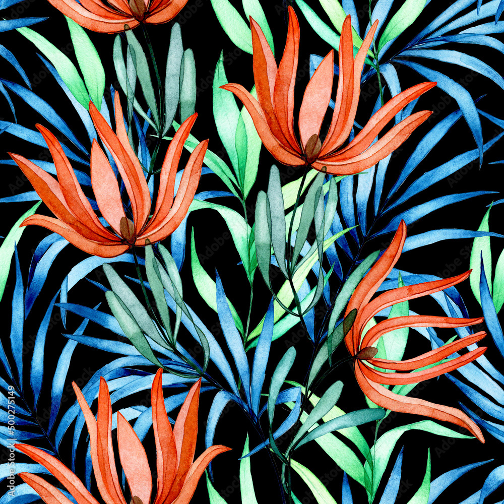 水彩无缝图案，热带棕榈叶和花朵。黑色透明花朵，d