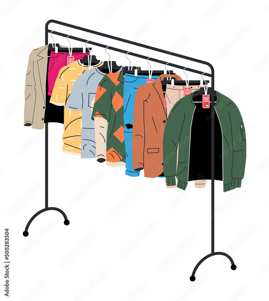 男士和女士衣架上的衣服。商店衣柜。衣服和配饰。各种悬挂衣服