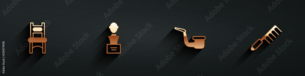 Set Chair, Gypsum head sculpture bust, Smoking pipe and Hairbrush icon with long shadow. Vector