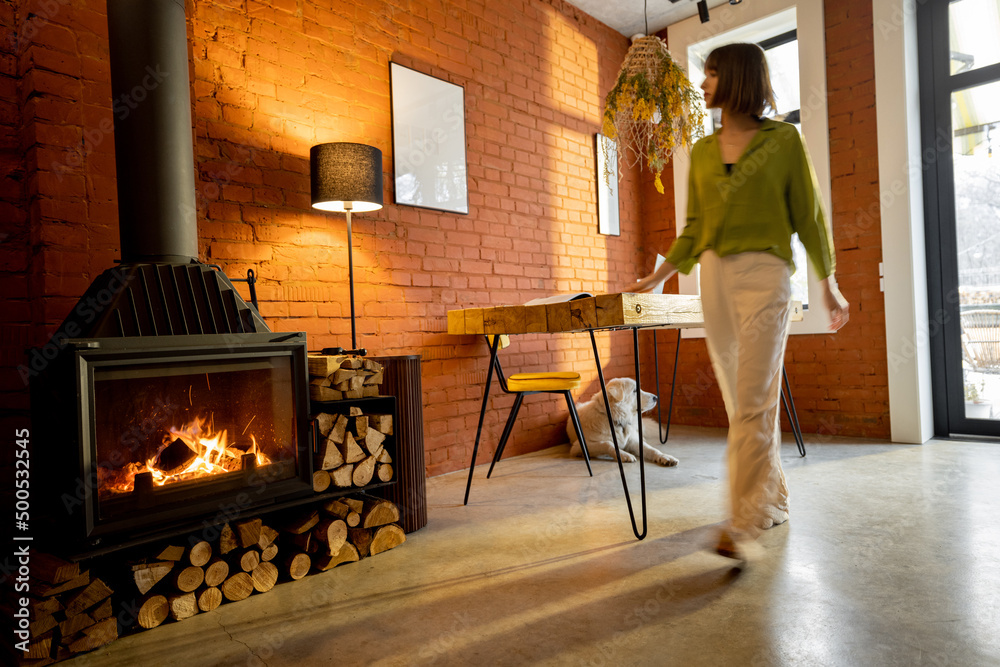阁楼风格的客厅内部，家里有木桌和燃烧的壁炉。运动模糊p