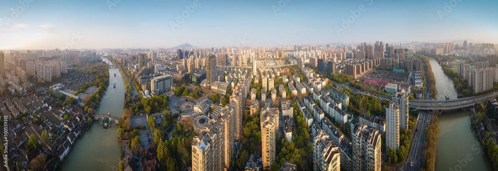 航拍杭州市中心建筑景观天际线全景图