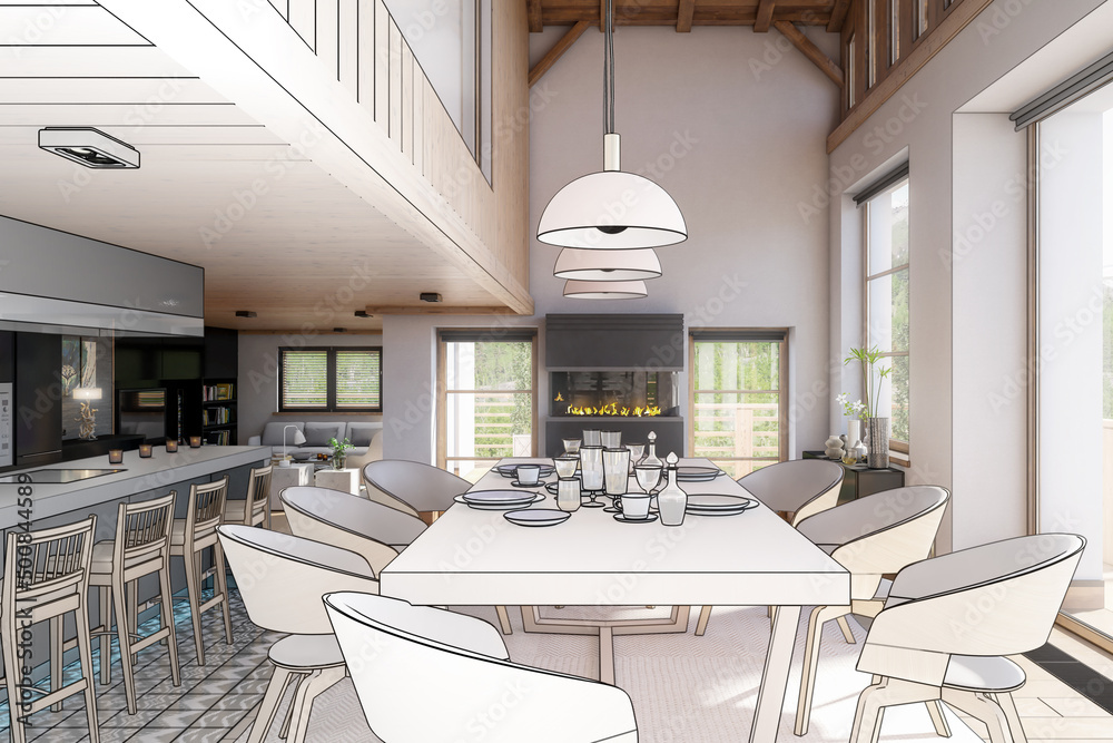 带壁炉的现代住宅阁楼餐厅（规划）-三维可视化