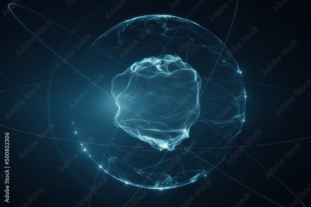 由霓虹灯点制成的抽象三维渲染球体。全球网络连接。数字原子。全球网格。