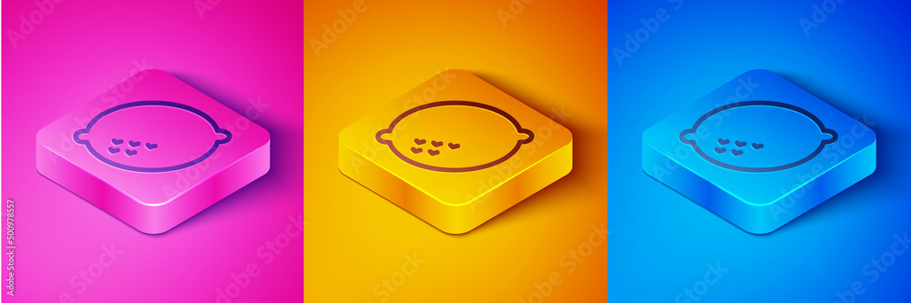 等距线柠檬图标隔离在粉色和橙色、蓝色背景上。方形按钮。矢量