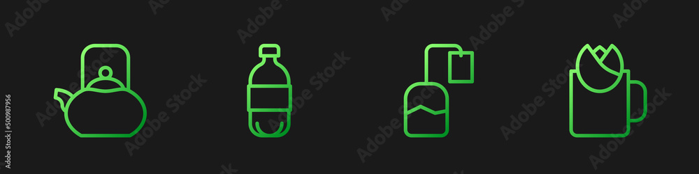Set line Tea bag, Kettle with handle, Bottle of water and Cup tea rose. Gradient color icons. Vector