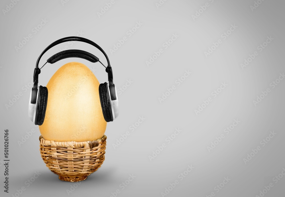 灰色背景上带耳机和电线的新鲜鸡蛋。富有创意的音乐情感概念。