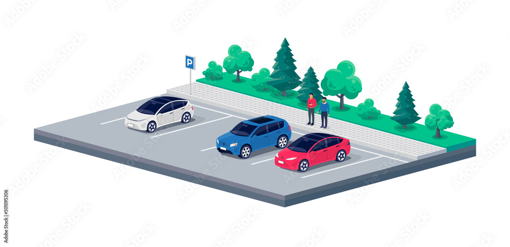 现代汽车停在空的或满的停车场上，有人站在车辆附近交谈。旅行f