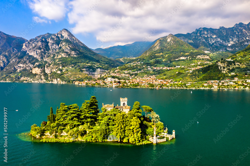 Aerial view of Loreto Island with the castle on Lake Iseo in Northern Italy
