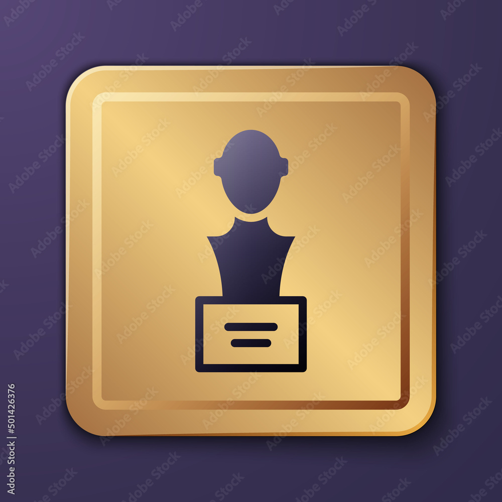 Purple Gypsum head sculpture bust icon isolated on purple background. Gold square button. Vector