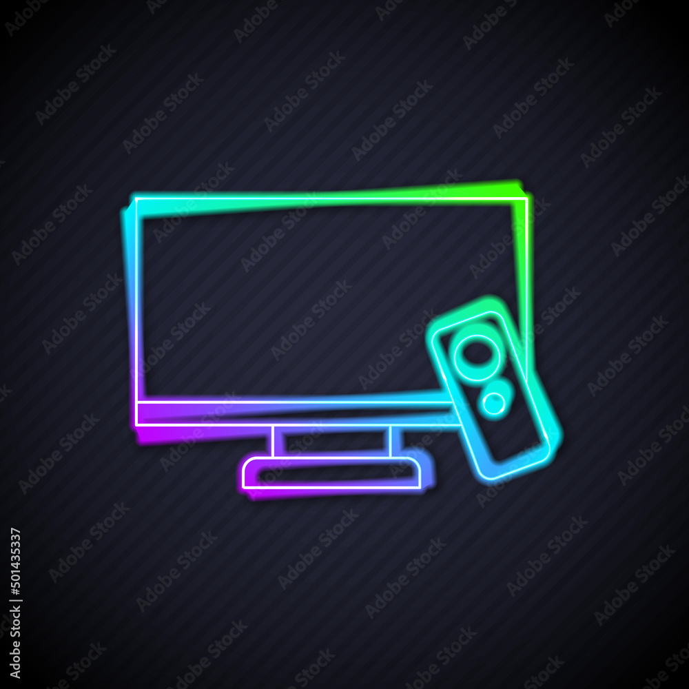 发光的霓虹灯线智能电视图标隔离在黑色背景上。电视标志。矢量