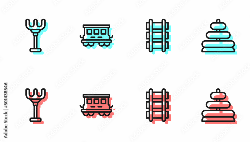 设置线路玩具铁路，Rake玩具，客运列车车厢和金字塔图标。矢量