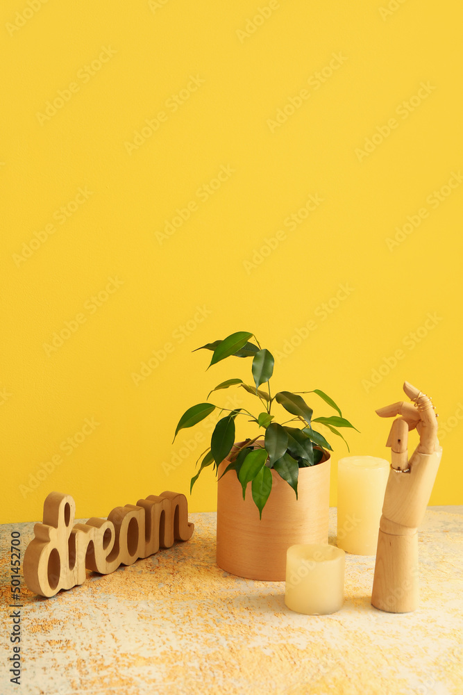 Ficus benjamina in pot, wooden hand, candles and decor on table near yellow wall