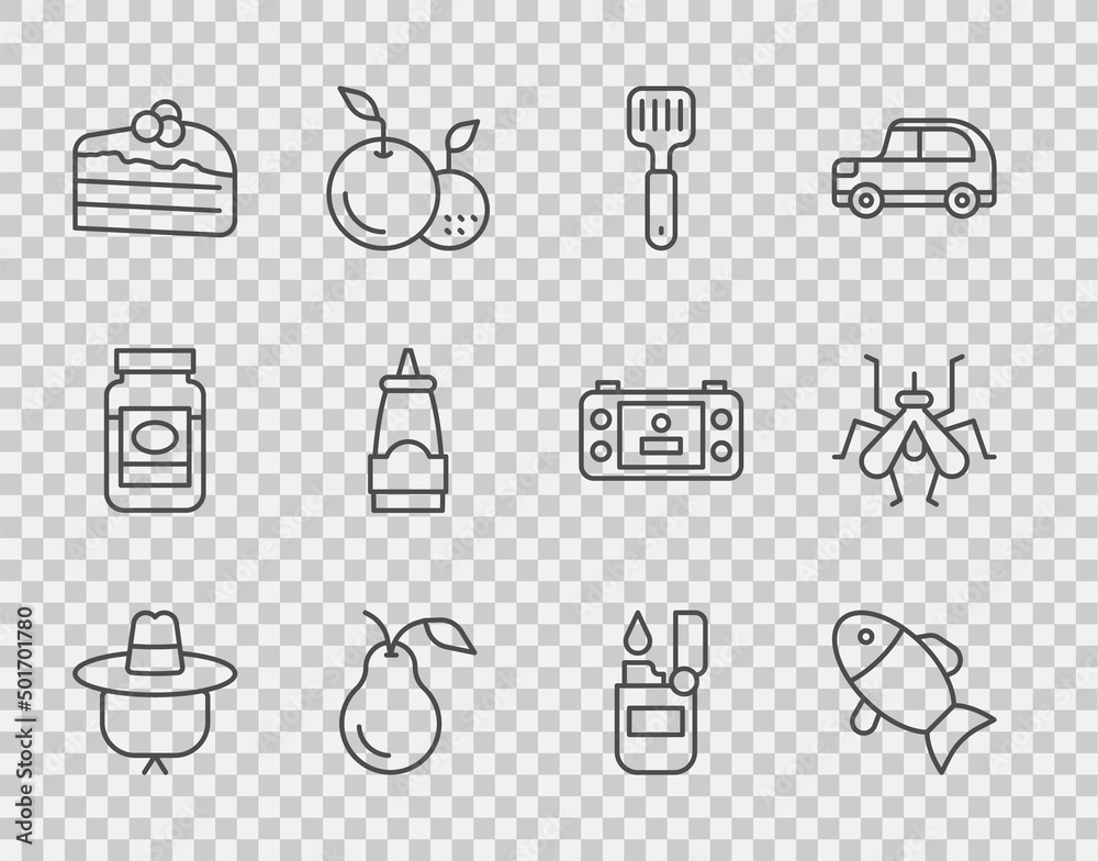 Set line Camping hat, Fish, Spatula, Pear, Piece of cake, Sauce bottle, Lighter and Mosquito icon. V