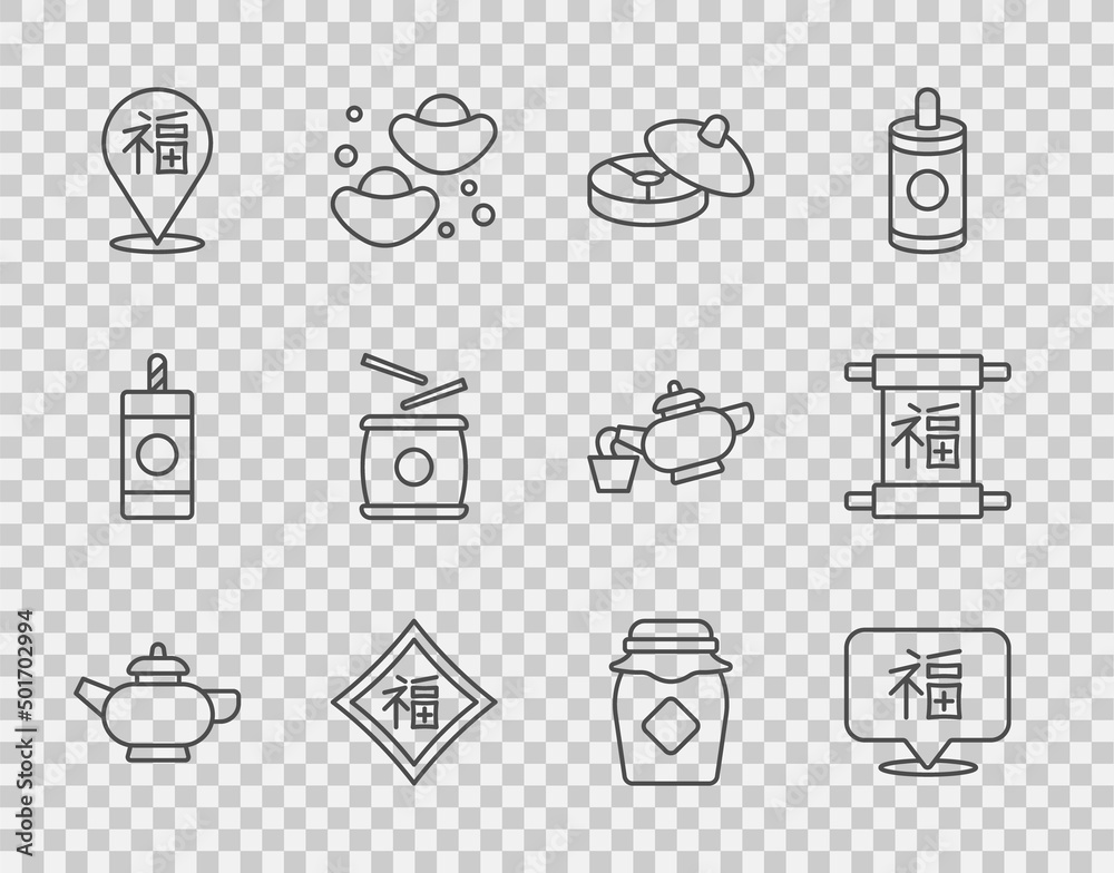 Set line Chinese tea ceremony, New Year, drum, Jar of honey and icon. Vector