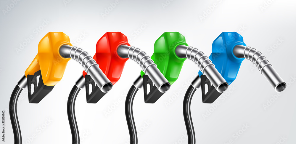 一组颜色汽油燃油泵喷嘴隔离，如黄色、红色、绿色、蓝色汽油喷嘴，o