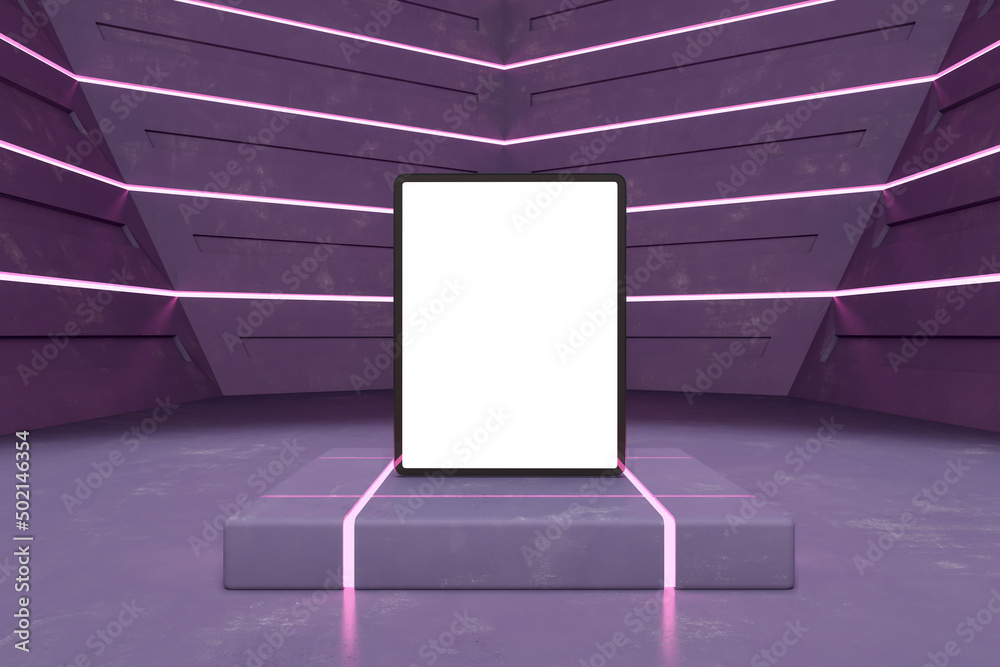 抽象的紫色未来主义内饰，底座上有空的白色平板电脑屏幕和实体模型