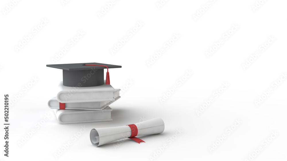 毕业典礼纯背景。书籍、毕业帽和文凭。三维插图