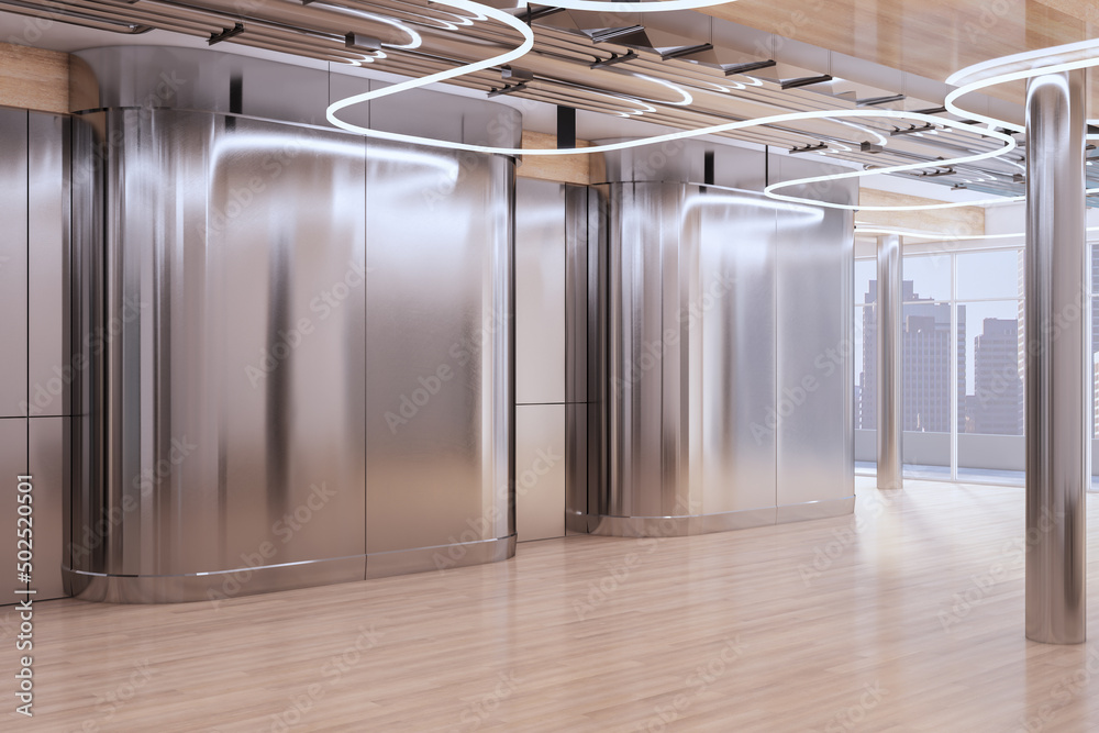 空旷时尚的现代接待厅室内设计背景，金属墙流线型