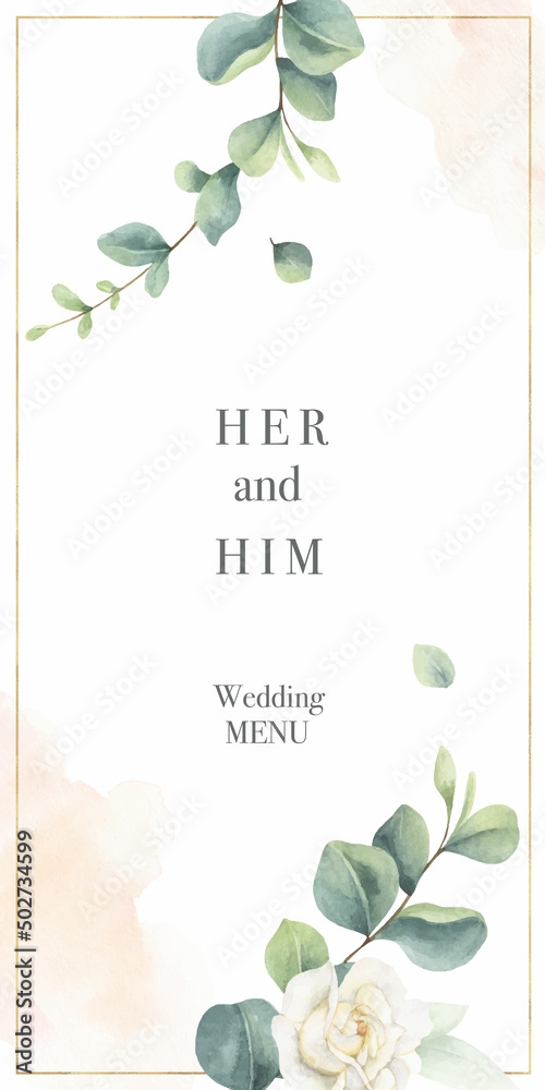 水彩矢量手绘婚礼菜单卡片模板。