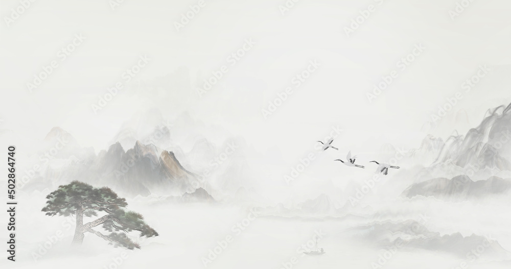 The artistic conception and elegant background of Chinese style ink landscape painting