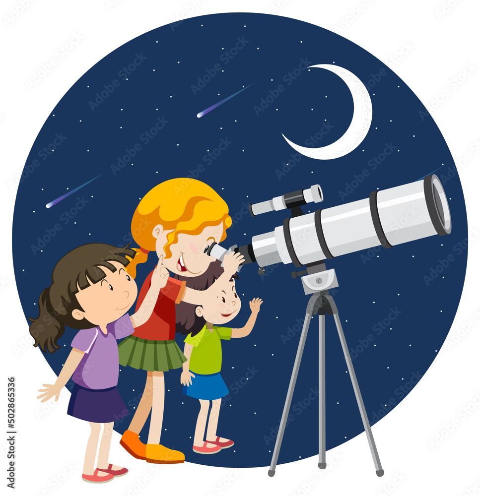 快乐的孩子用望远镜观察夜空