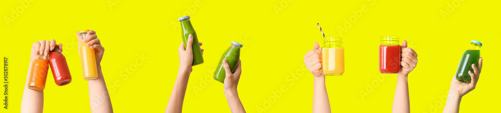 女性双手在明亮的颜色背景上享用不同的健康奶昔