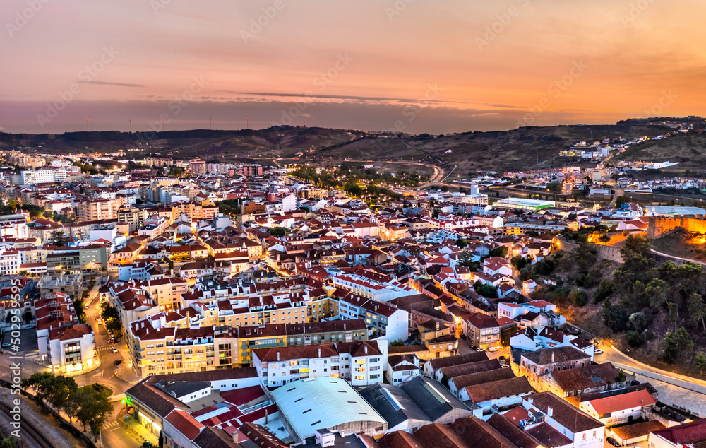 Aerial view of the Torres Vedras town near Lisbon in Portugal at sunset