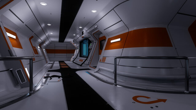 3D illustration of a corridor inside a futuristic science fiction space station or star ship.