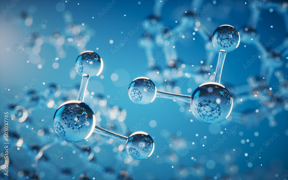 Chemical molecule with blue background, 3d rendering.