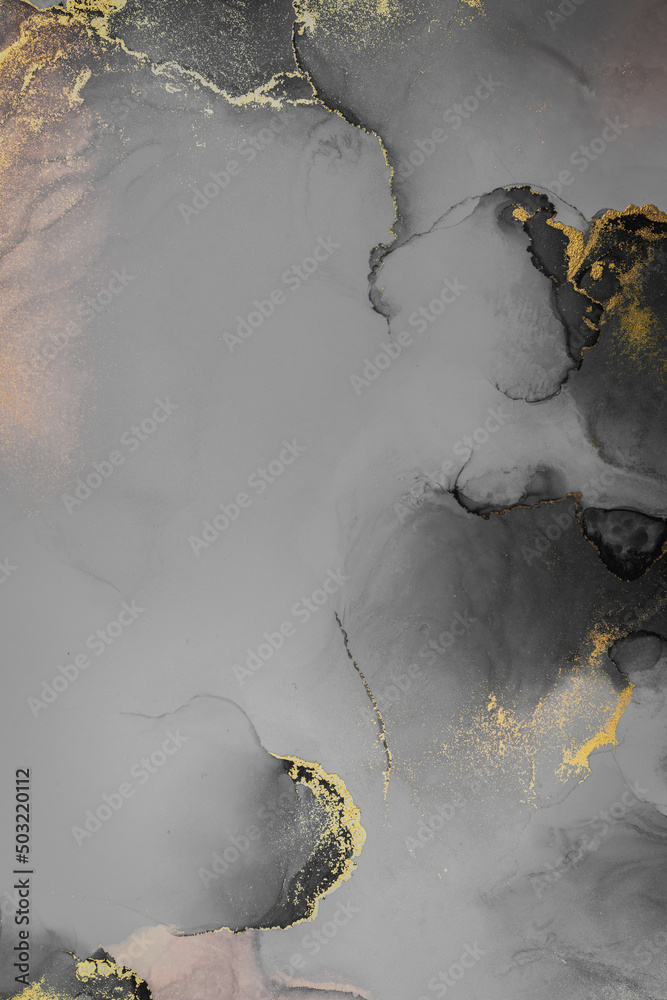 Dark gold abstract background of marble liquid ink art painting on paper . Image of original artwork