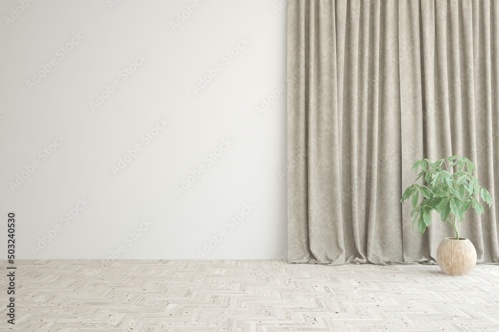 白色空房间，配有织物窗帘和绿色家居植物。斯堪的纳维亚室内设计。3D插图