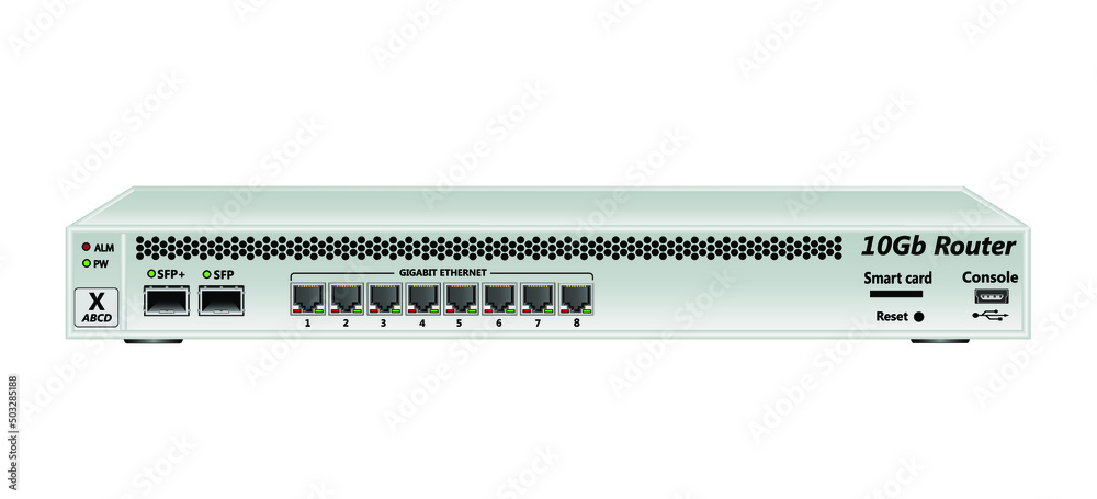 10G gray-blue IP traffic router with connectors for SFP and SFP+ optical modules, 8 RG-45 connectors