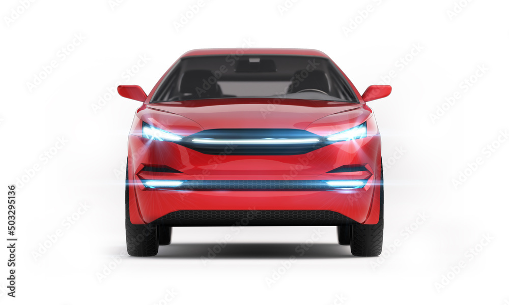 白色背景下隔离的亮红色SUV汽车的正面视图。自己的专业3d渲染