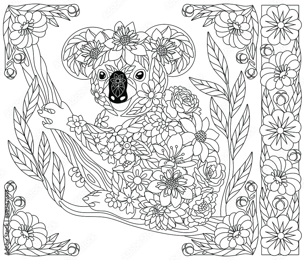 成人涂色书页。花朵考拉熊。由花朵和树叶组成的以太动物