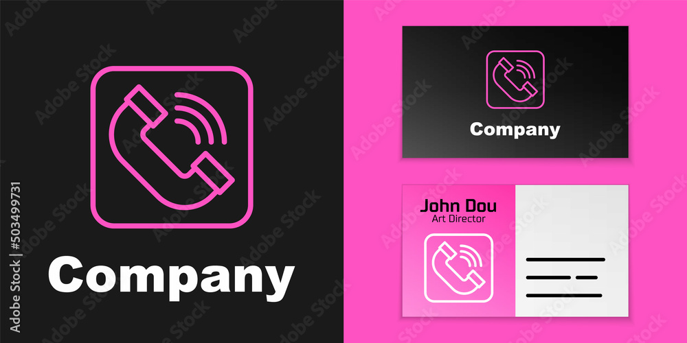 粉红色线路电话听筒图标隔离在黑色背景上。电话标志。标志设计模板elem