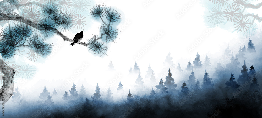 松树树枝上的鸟和薄雾笼罩的森林山脉。传统的东方水墨画sumi-e，u-sin