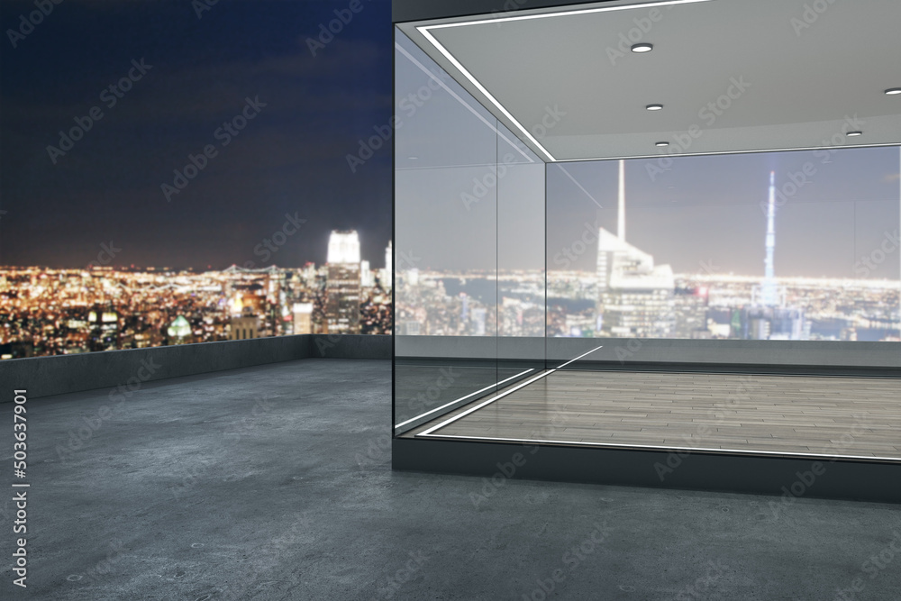 现代玻璃阳台，可欣赏城市全景和模拟场所。奢华的生活方式概念。3D