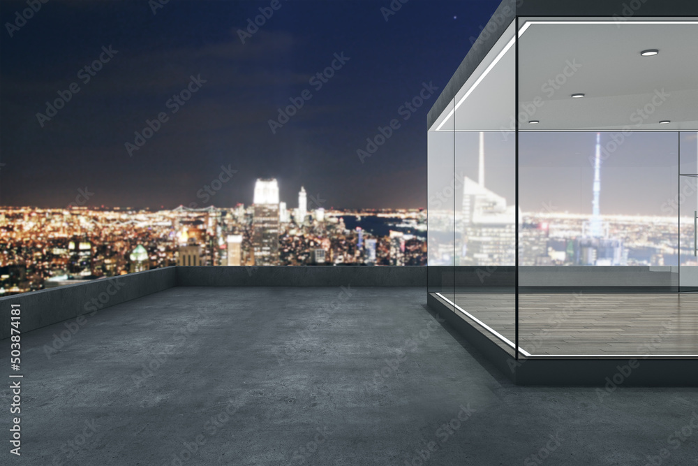 现代玻璃阳台，享有城市全景和模拟场所。奢华的生活方式概念